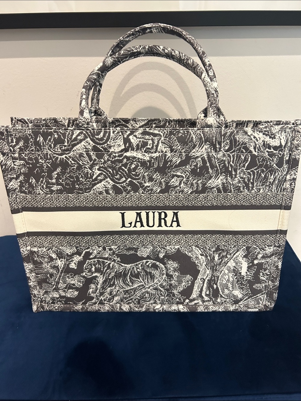 Personalized Black & White Toile Canvas Tote with Name Stripe